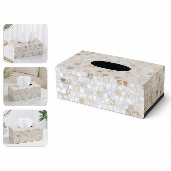 Natural Shell Decorative Tissue Box Holder, Rectangle Paper Napkin Storage Case with Floral Pattern for Living Room, Coffee Table, Home Decor