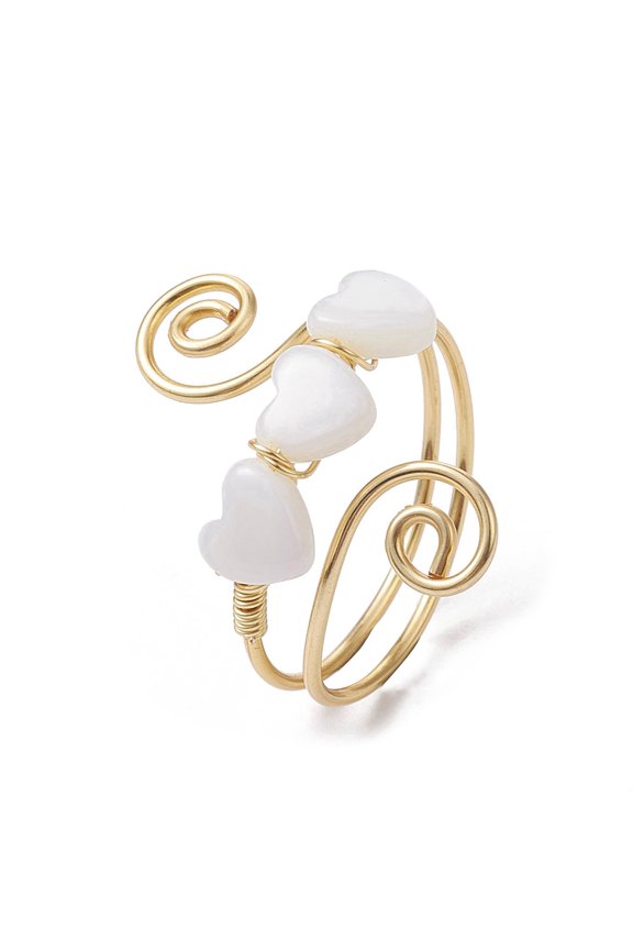 Natural Shell Heart Cuff Ring Copper Wire Wrapped Vortex Finger Ring Real 18K golden Plated Inner Diameter: 20mm