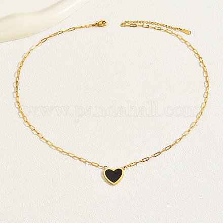 Natural Shell Heart Pendant Necklaces with Golden Stainless Steel Paperclip Chains Black 18.11 inch(46cm) 2pc