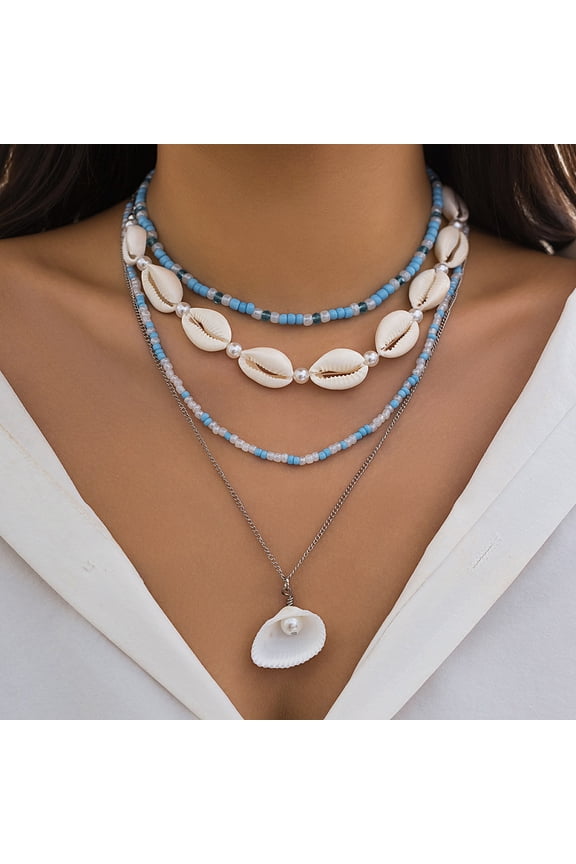 Natural Shell & Plastic Pearl & Glass Seed Beaded Pendant Multi Layered Necklaces for Women White Golden 13.78~17.72 inch(35~45cm) Extender: 70mm DIY