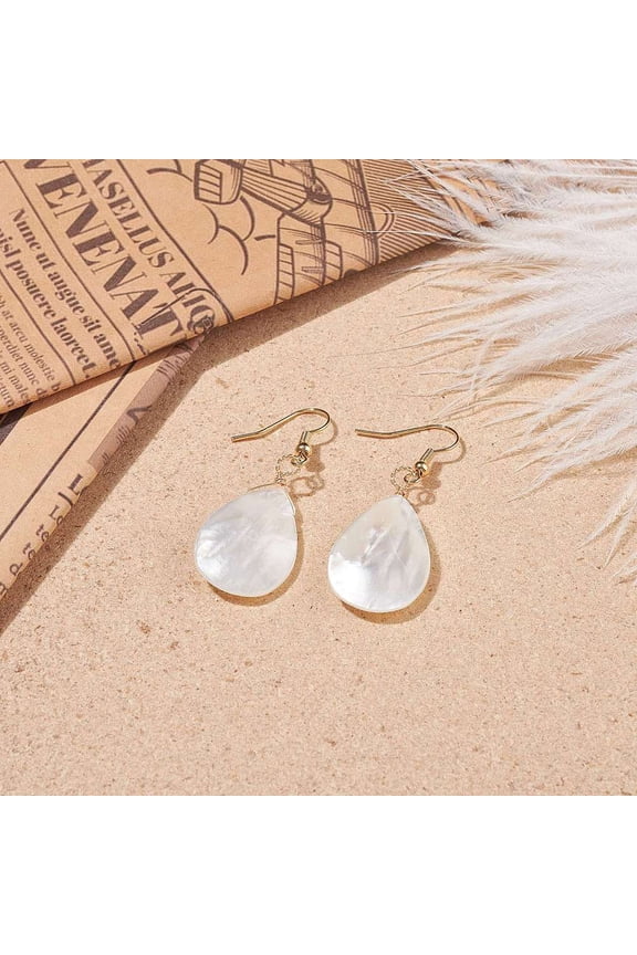 Natural Shell Teardrop Dangle Earrings Brass Wire Wrap Jewelry for Women Golden 46mm Pin: 0.6mm 10Pair