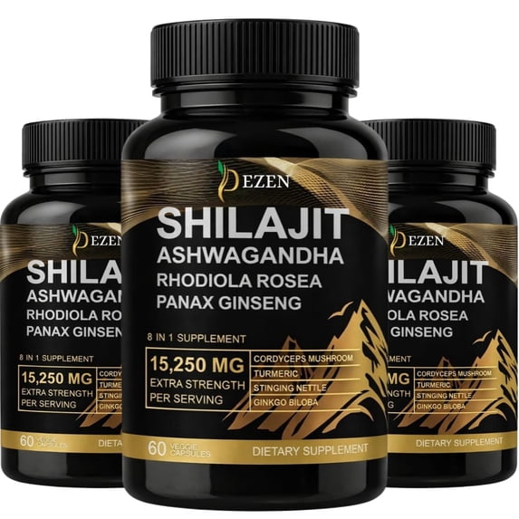 Natural Shilajit Extract Capsules 15,250 mg – Herbal Energy Booster with Panax Ginseng & Rhodiola Rosea, Pack 3