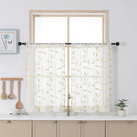 Natural Short Sheer Curtains 36 Inch Length - Light Filtering Linen Blend Half Window Panels with Embroidered Leaf Pattern for Kitchen Bathroom Basement, 2 Pack, 30Wx36L