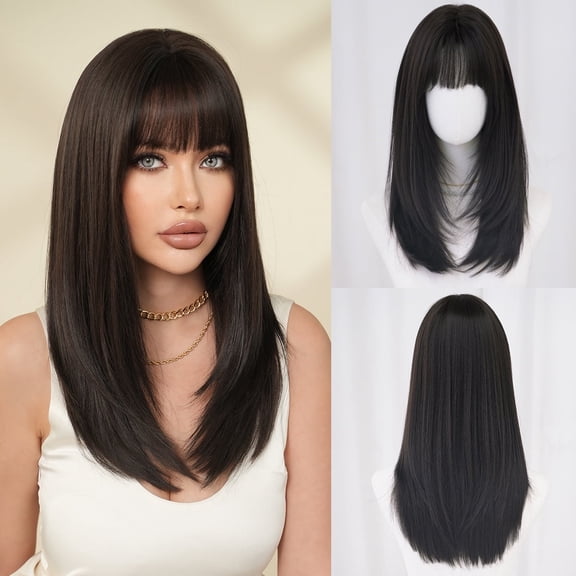 Natural Shoulder-Length Straight High-Layered Realistic Wig With Bangs, Full Head Wig for Women