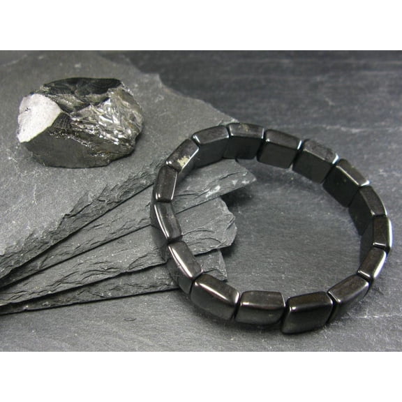 Natural Shungite 12mm Square Shape Smooth Cut Beads Stretchable Bracelet for Men & Women.