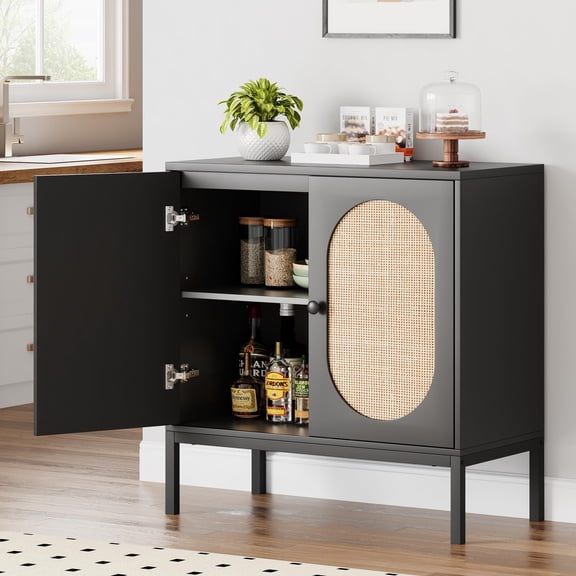 Natural Sideboard Cabinet,Rattan Buffet Storage Cabinet with 2-Tier Storage for Living Room, Dining Room