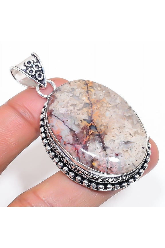 Natural Silver Leaf Jasper 925 Sterling Silver Jewelry Pendant 2.36"