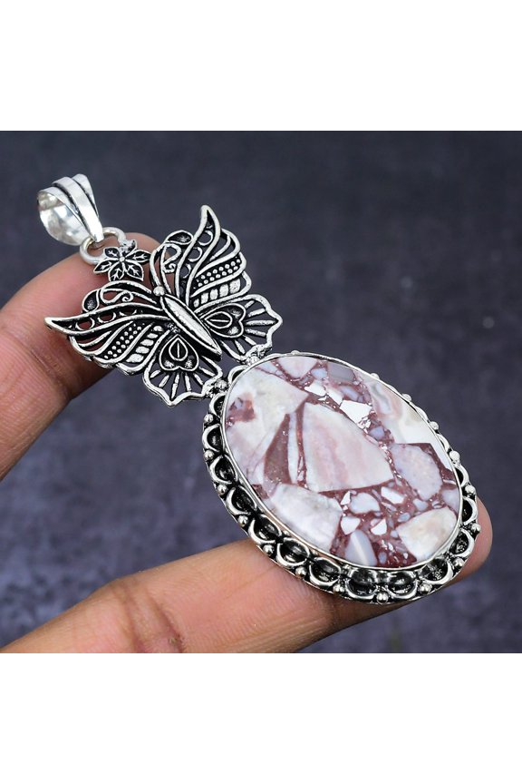 Natural Silver Leaf Jasper Gemstone 925 Steling Silver Pendant 3.27"
