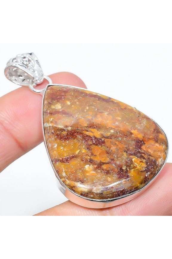 Natural Silver Leaf Jasper Gemstone 925 Sterling Silver Pendant 2.25"