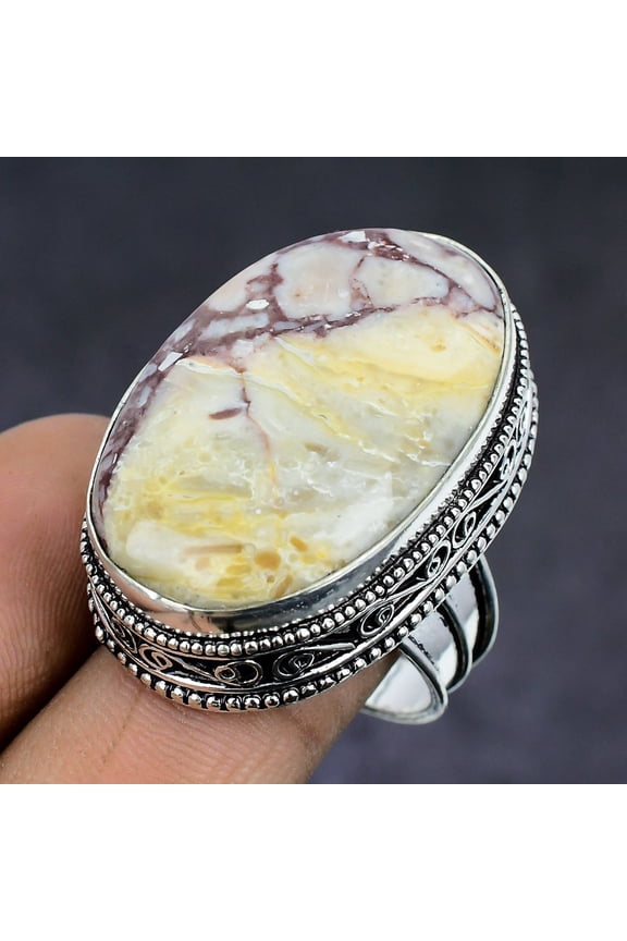 Natural Silver Leaf Jasper Gemstone 925 Sterling Silver Ring Size 10