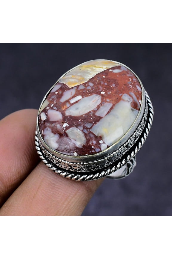 Natural Silver Leaf Jasper Gemstone 925 Sterling Silver Ring Size 9
