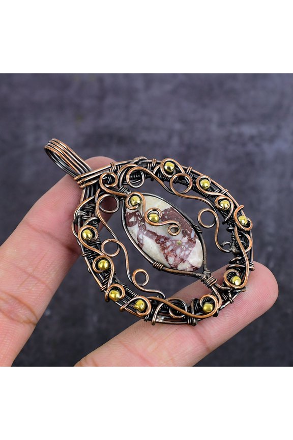 Natural Silver Leaf Jasper Gemstone Copper Wire Wrap Jewelry Pendant 2.84"