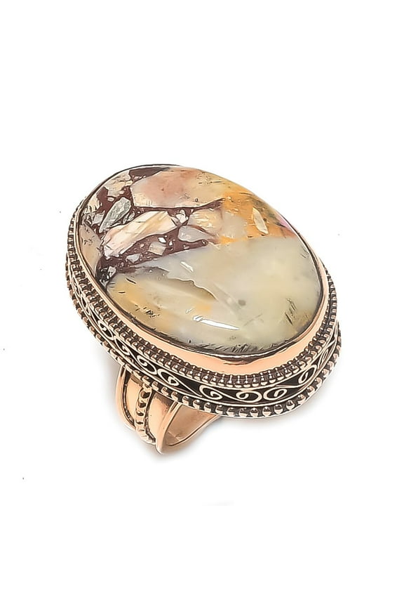 Natural Silver Leaf Jasper Gemstone Handmade Copper Jewelry Ring Size 7