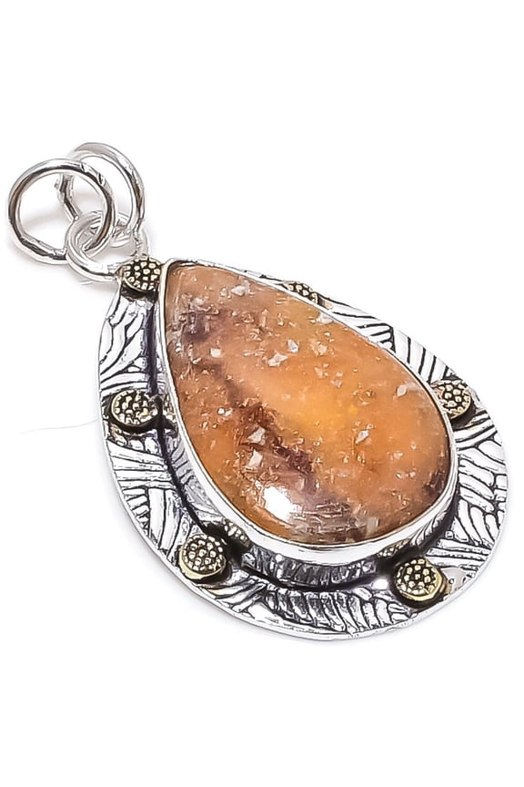 Natural Silver Leaf Jasper Stone 925 Sterling Silver Two Tone Pendant 1.93"