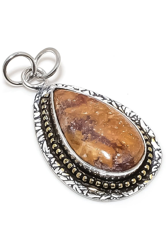 Natural Silver Leaf Jasper Stone 925 Sterling Silver Two Tone Pendant 1.97"