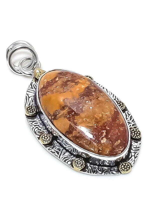 Natural Silver Leaf Jasper Stone 925 Sterling Silver Two Tone Pendant 2.09"