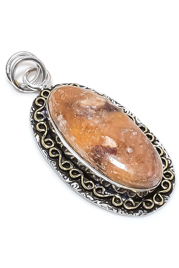 Natural Silver Leaf Jasper Stone 925 Sterling Silver Two Tone Pendant 2.09"