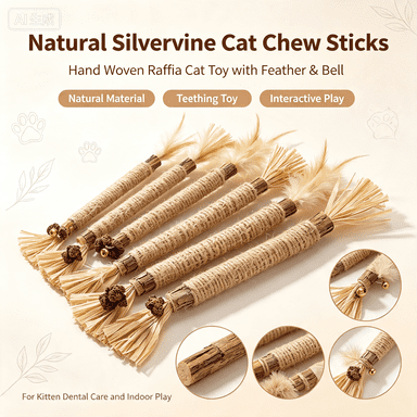 Natural Silvervine Cat Chew Sticks, Hand Woven Raffia Cat Toy with Feather & Bell, Interactive Kitten Teething Toy