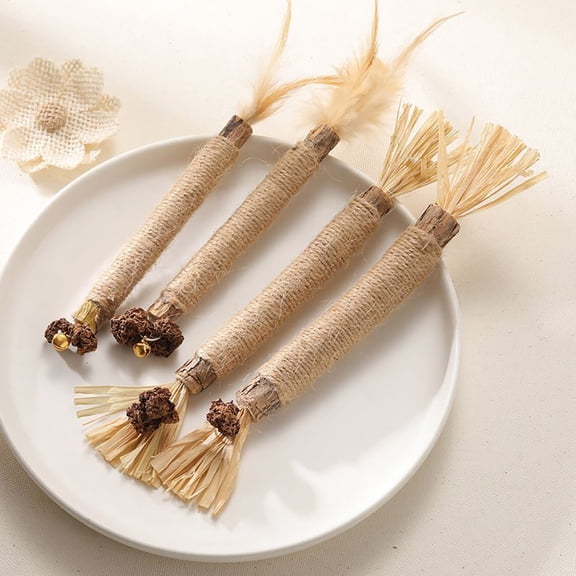 Natural Silvervine Cat Chew Toy 3-Piece Set - Raffia & Feather Bell Styles, Dental Teething Stick (Wood)