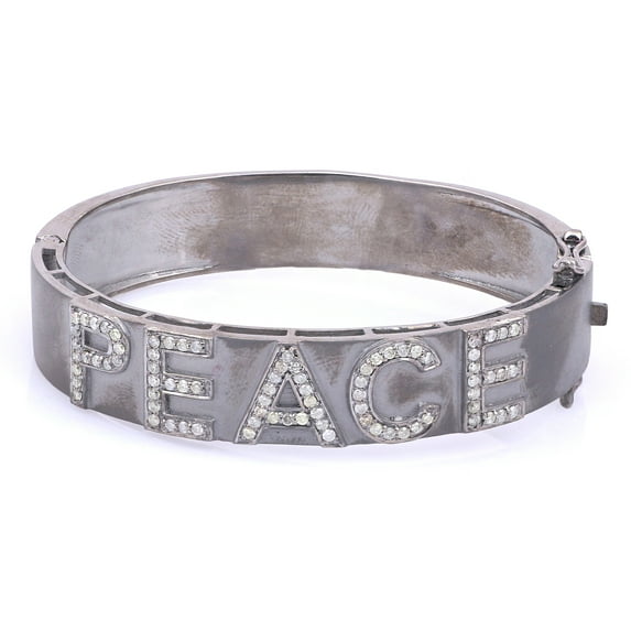 Natural Single Cut Diamond 925 Sterling Silver PEACE Bangle