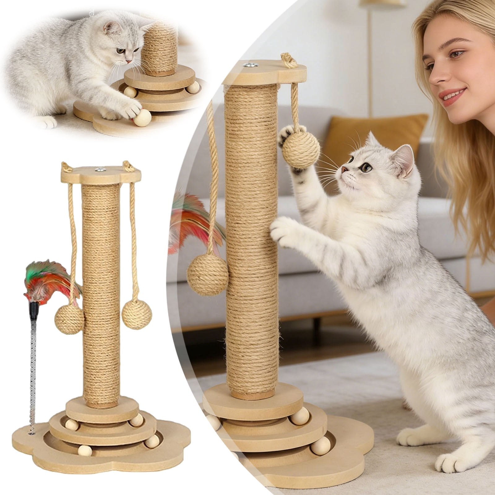 Natural Sisal Cat Scratching Post Sturdy For Indoor Cats With Interactive Play Platform And Toys Easy Assembly Space Saving Cat Play Post(Khaki-40X30Cm)