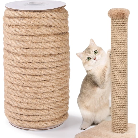 Natural Sisal Rope, Jute Twine for Cat Scratcher Post, 5/16” x 60 Ft (8mm x 18m) Heavy Duty Thick Sisal Hemp Rope for Cats Scratching Post Replacement, DIY Crafts Gardening Home Decorating