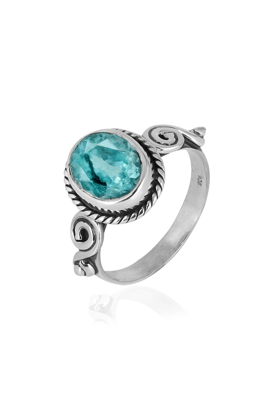 Natural Sky Apatite Oval Cut Ring in 925 Oxidized Sterling Silver | Handmade Bezel Set | 2.61 Ct Sky Blue Gemstone (8)
