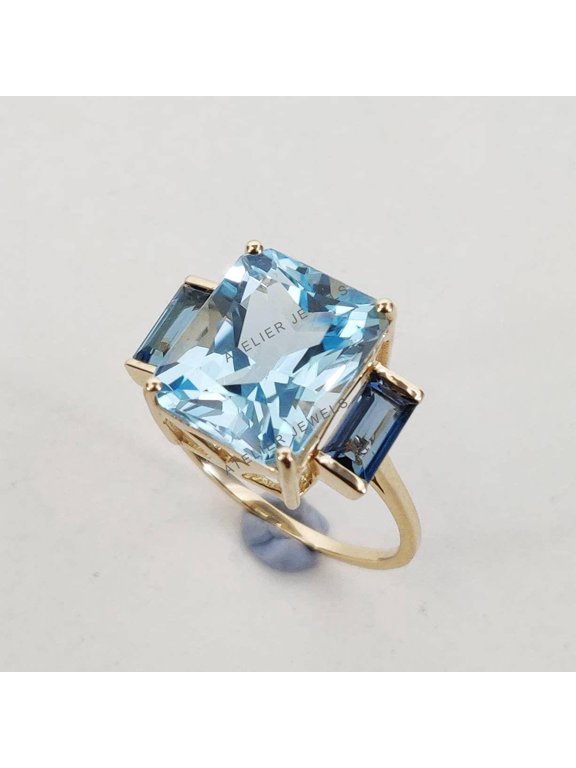 Natural Sky Blue Topaz & London Blue Topaz Ring, 14K Solid Yellow Gold Blue Topaz Ring, December Birthstone Ring, Blue Topaz Jewelry