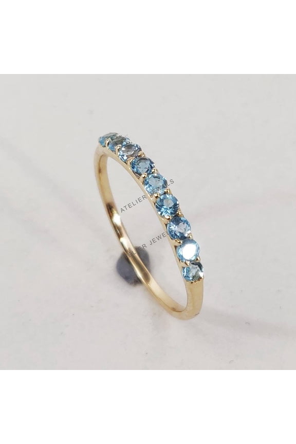 Natural Sky Blue Topaz Ring, 14K Yellow Gold Eternity Band, December Birthstone