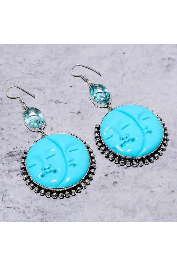 Natural Sleeping Turquoise, Apatite 925 Sterling Silver Earring 3.07"