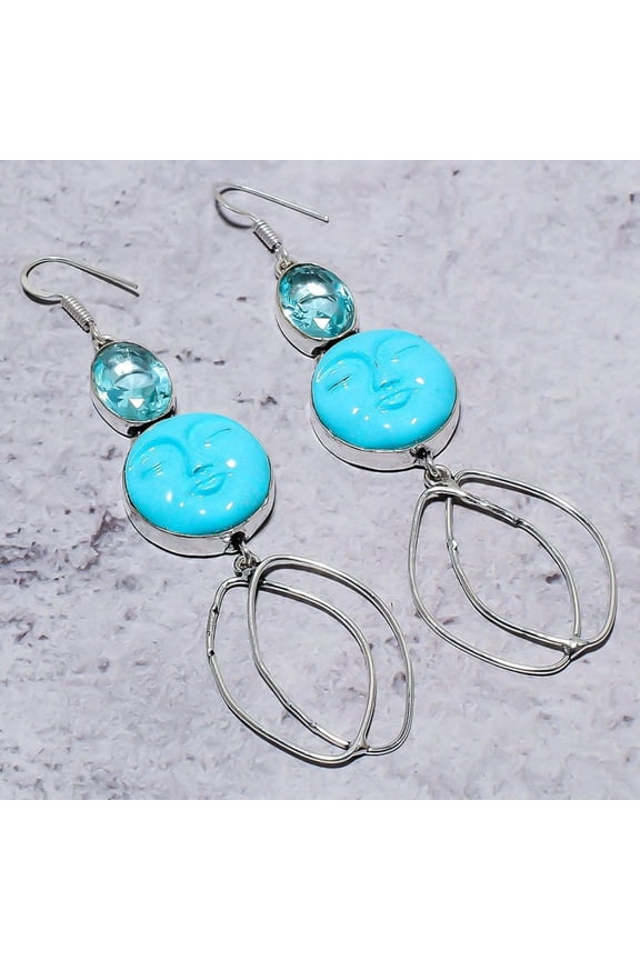 Natural Sleeping Turquoise, Apatite 925 Sterling Silver Earring 3.74"