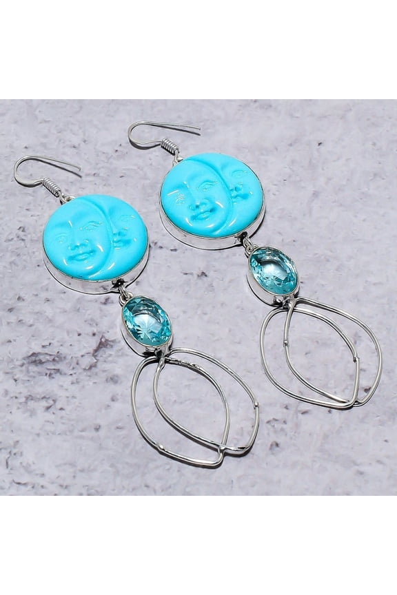 Natural Sleeping Turquoise, Apatite 925 Sterling Silver Earring 3.82"