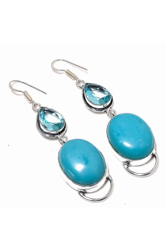 Natural Sleeping Turquoise,Topaz Gemstone 925 Sterling Silver Earring 2.96"