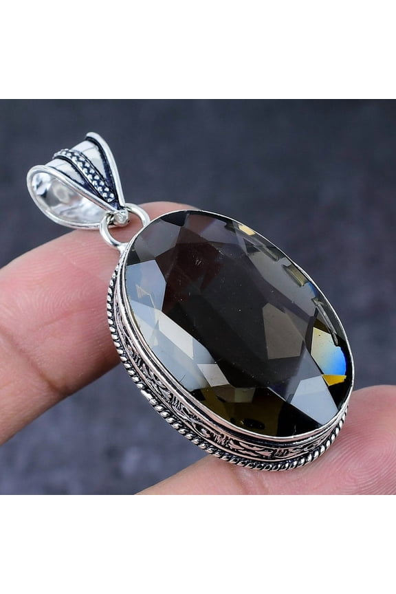 Natural Smoky Quartz Gemstone Handmade 925 Sterling Silver Pendant 2.09"