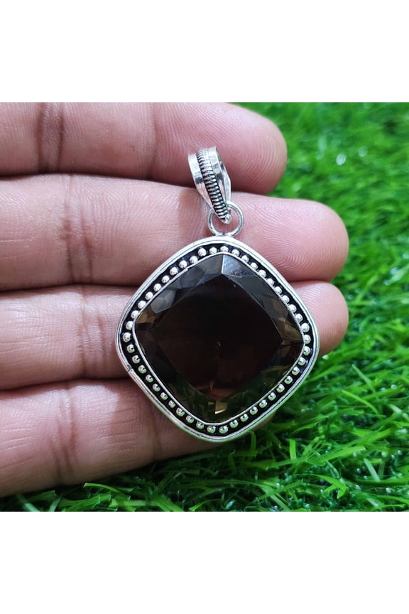 Natural Smoky Quartz Handmade 925 Sterling Silver Pendant 37 mm