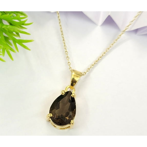 Natural Smoky Quartz Necklace-Dainty Teardrop Necklace-Solid Gold-Rose Gold-Sterling Silver-Gold Filled Chain-Beautiful Gift