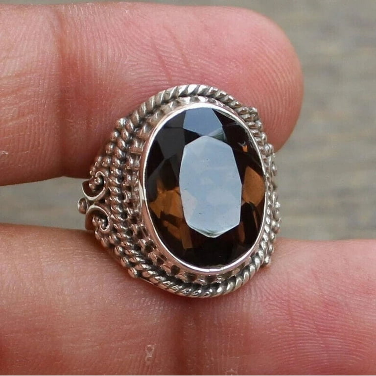 Sterling シルバー925 Stone リング SMOKY QUARTZ Natural Smoky Quartz Ring 925 Sterling Silver Jewelry brown