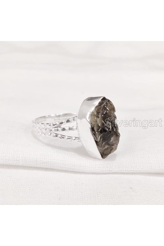 Natural Smoky Quartz Ring, Rough Quartz Gemstone Ring, Birthstone, 3 Doted Band, 925 Sterling Silver, Womens Ring, Christmas, Thanksgiving, Handmade, Statement Jewelry, Rough Gemstone Jewelry