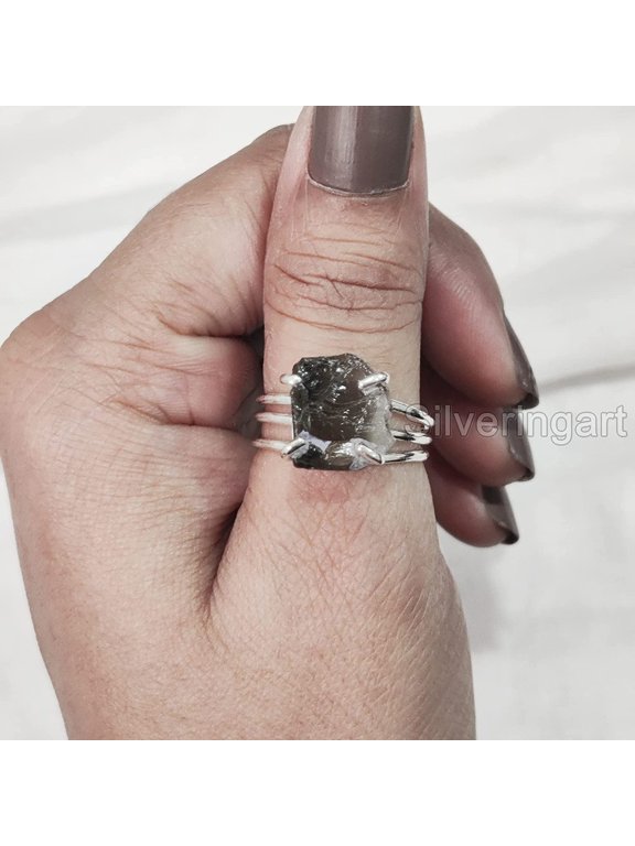 Natural Smoky Quartz Ring, Rough Quartz Gemstone Ring, Birthstone, 3 Plain Band, 925 Sterling Silver, Womens Ring, Christmas, Thanksgiving, Handmade, Statement Jewelry, Rough Gemstone Jewelry