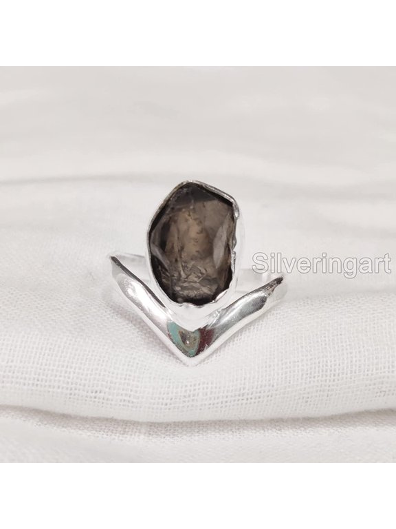 Natural Smoky Quartz Ring, Rough Quartz Gemstone Ring, Birthstone, Crown V Ring, 925 Sterling Silver, Womens Ring, Christmas, Thanksgiving, Handmade, Statement Jewelry, Rough Gemstone Jewelry