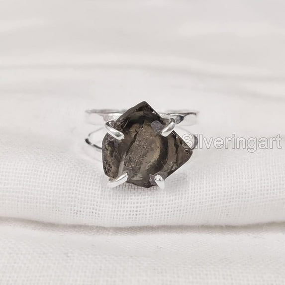 Natural Smoky Quartz Ring, Rough Quartz Gemstone Ring, Birthstone, Hammered 2 Band, 925 Sterling Silver, Womens Ring, Christmas, Thanksgiving, Handmade, Statement Jewelry, Rough Gemstone Jewelry
