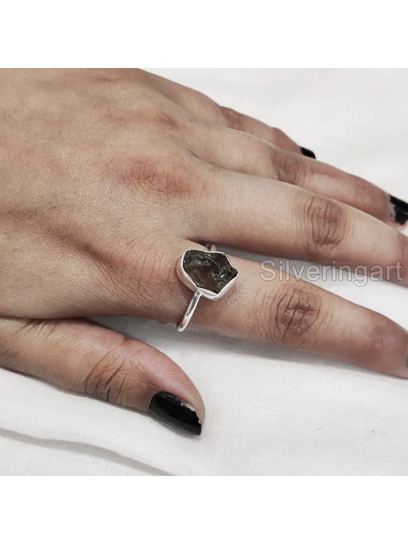 Natural Smoky Quartz Ring, Rough Quartz Gemstone Ring, Birthstone, Simple Plain Ring, 925 Sterling Silver, Womens Ring, Christmas, Thanksgiving, Handmade, Statement Jewelry, Rough Gemstone Jewelry
