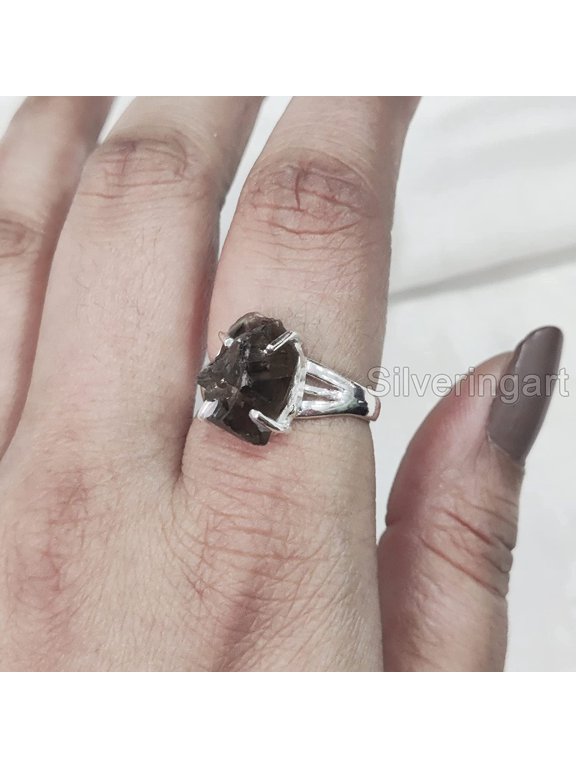 Natural Smoky Quartz Ring, Rough Quartz Gemstone Ring, Birthstone, Boho Gypsy Ring, 925 Sterling Silver, Womens Ring, Christmas, Thanksgiving, Handmade, Statement Jewelry, Rough Gemstone Jewelry