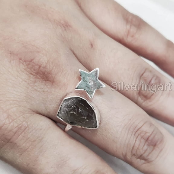 Natural Smoky Quartz Ring, Rough Quartz Gemstone Ring, Star Adjustable Ring, 925 Sterling Silver, Womens Ring, Christmas, Thanksgiving, Handmade, Statement Jewelry, Rough Gemstone Jewelry