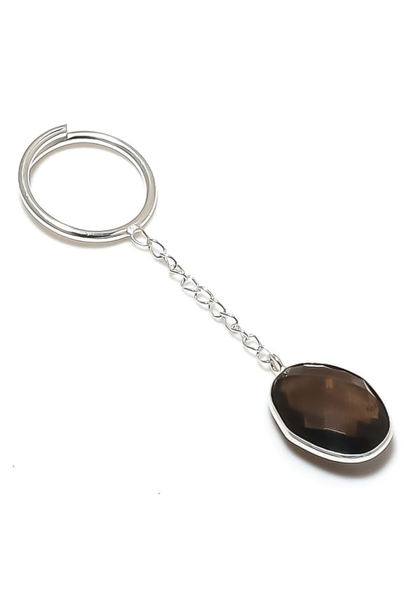 Natural Smoky Topaz Gemstone 925 Sterling Silver Jewelry Keychain 3.15"