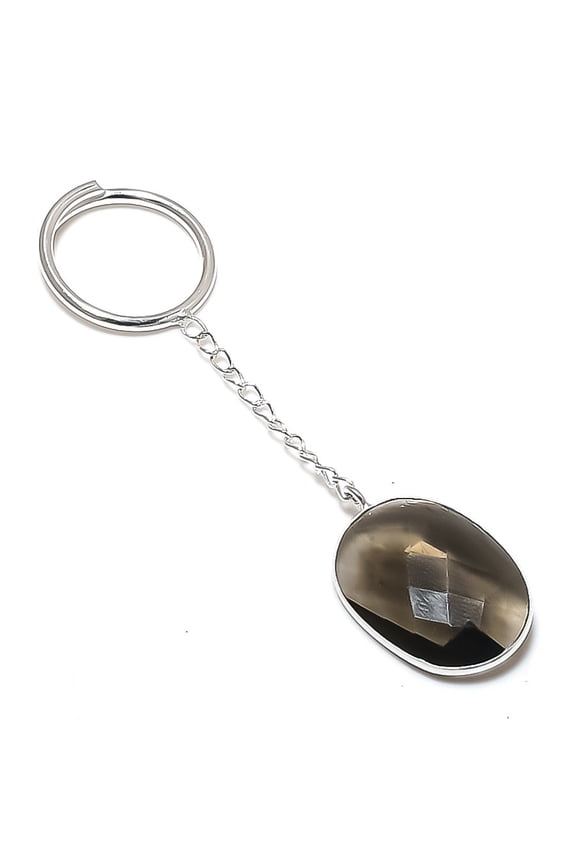 Natural Smoky Topaz Gemstone 925 Sterling Silver Jewelry Keychain 3.15"