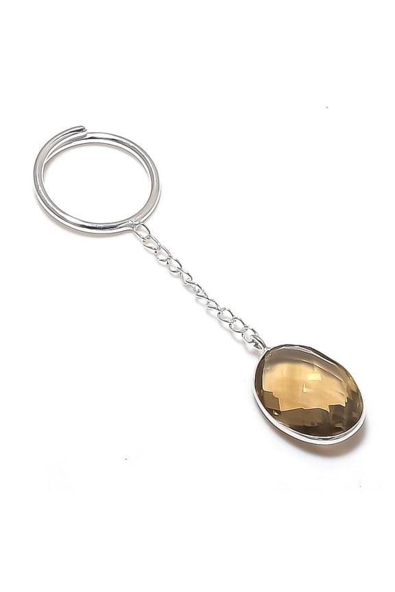 Natural Smoky Topaz Gemstone 925 Sterling Silver Jewelry Keychain 3.15"