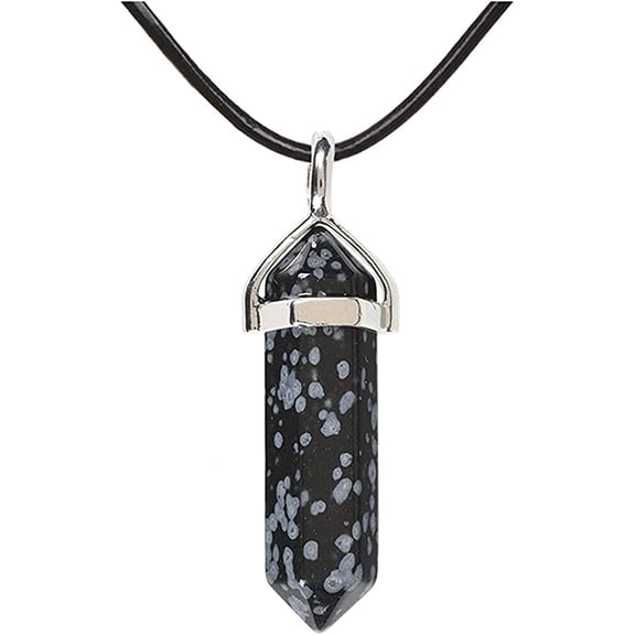 Natural Snowflake Obsidian Gemstone Hexagonal Pointed Reiki Chakra Pendant Genuine Leather Necklace 18 Inch