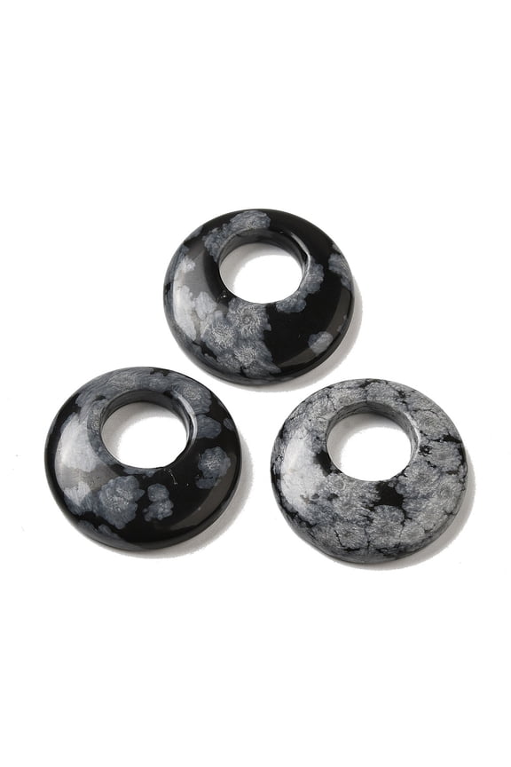 Natural Snowflake Obsidian Pendants Donut/Pi Disc Charms 27.5~28x4.5~5.5mm