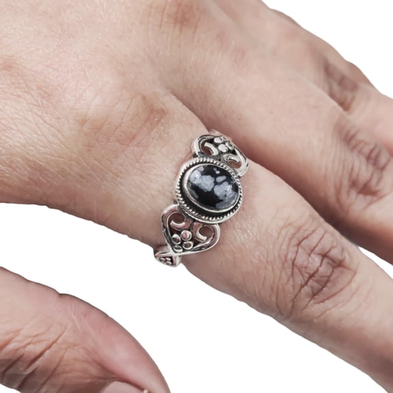 Natural Snowflake Obsidian Ring, Snowflake Obsidian Gemstone Ring, Tiny Bohemian Ring, 925 Sterling Silver, Designer Womens Ring, Christmas Thanksgiving, Handmade Statement Jewelry, Natural Obsidian